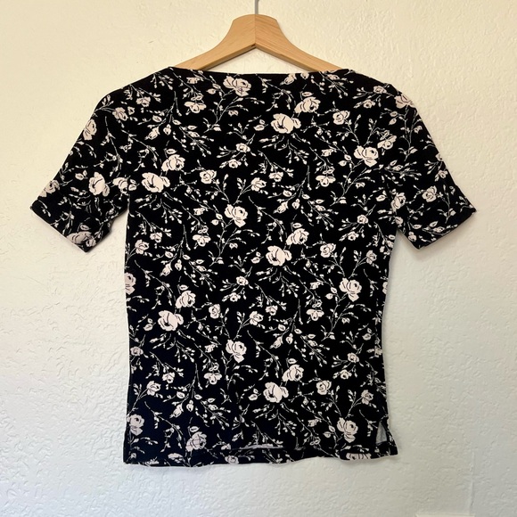 Lauren Ralph Lauren Black White Floral Print Crop Boatneck Tee, Size PXS - Picture 3 of 4
